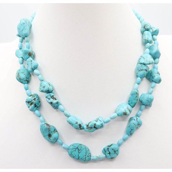 Dyed Turquoise Howlite Double Strand Silver Tone Necklace 18" Boho Southwestern - Picture 1 of 5